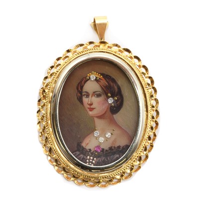 Lot 43 - An 18ct gold mounted habillé-style miniature portrait brooch/pendant