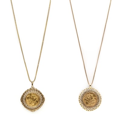 Lot 365 - Two sovereign pendants