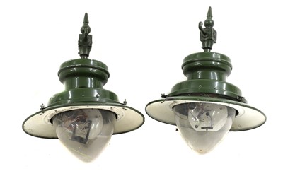 Lot 409 - A pair of green painted industrial pendant lights