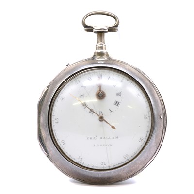 Lot 381 - A George III sterling silver pair cased verge fusee doctor's chronograph pocket watch