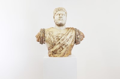 Lot 527 - A Roman-style alabaster and specimen marble bust of Caracalla