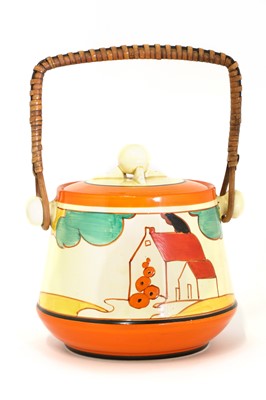 Lot 208 - A Clarice Cliff 'Red Roofs' shape 336 biscuit barrel
