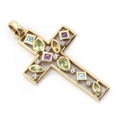 Lot 174 - A 9ct gold assorted gemstone and diamond set cross pendant