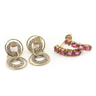 Lot 304 - A pair of 9ct gold pink tourmaline half hoop earrings