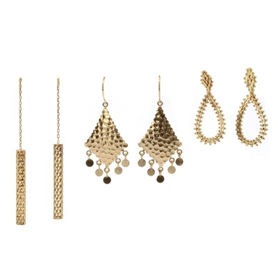 Lot 231 - Three pairs of gold drop earrings