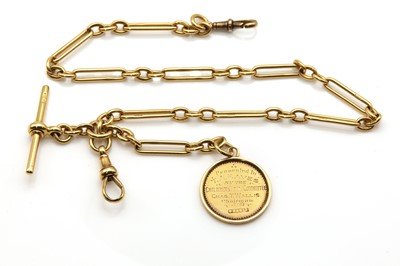 Lot 444 - An 18ct gold fetter and three link double watch Albert chain