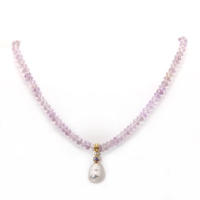 Lot 242 - An 18ct gold diamond, lilac sapphire, amethyst and baroque cultured South Sea pearl necklace, by Lilly Hastedt, c.2006