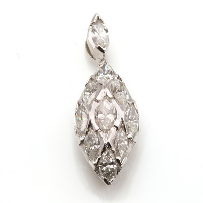 Lot 350 - An 18ct white gold marquise shaped diamond set pendant