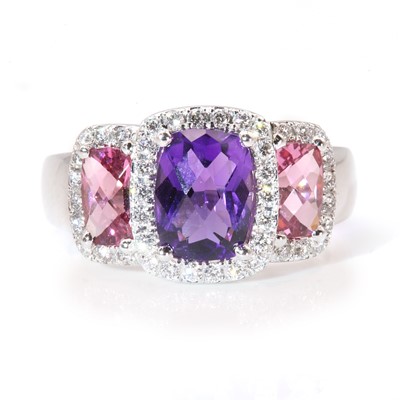 Lot 389 - An 18ct white gold amethyst, pink tourmaline and diamond regal cluster ring