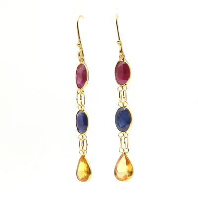 Lot 228 - A pair of gold ruby and sapphire drop earrings