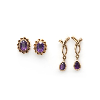 Lot 164 - Two pairs of 9ct gold amethyst earrings