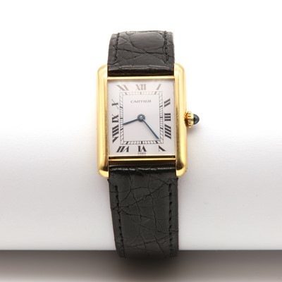 Lot 476 - An 18ct gold Cartier 'Tank Louis Cartier' mechanical strap watch