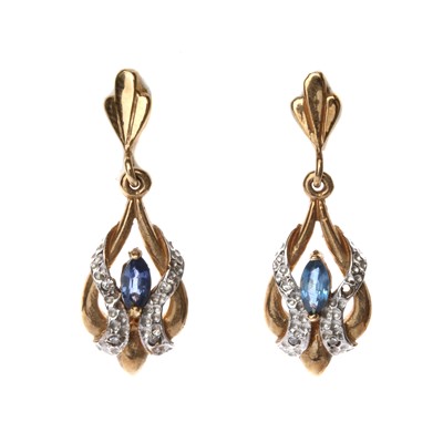 Lot 148 - A pair of 9ct gold sapphire and diamond drop earrings