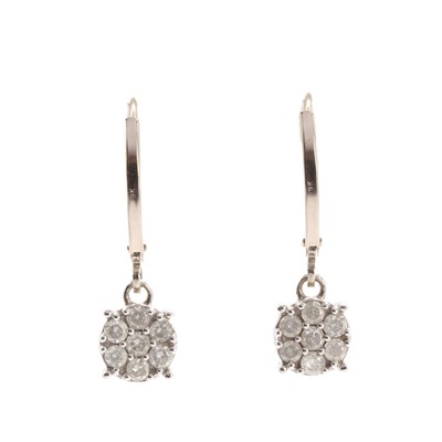 Lot 91 - A pair of white gold diamond cluster drop earrings