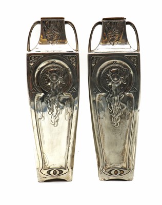 Lot 344 - A pair of WMF pewter twin-handled vases