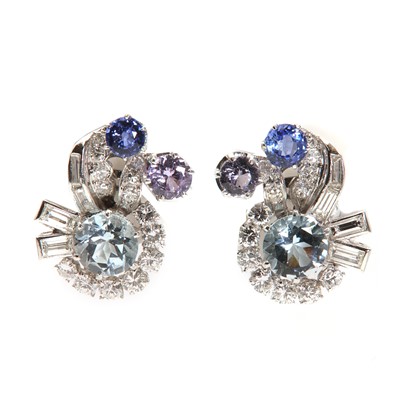 Lot 129 - A pair of French sapphire, pink spinel, aquamarine and diamond cluster spray earrings, c.1940