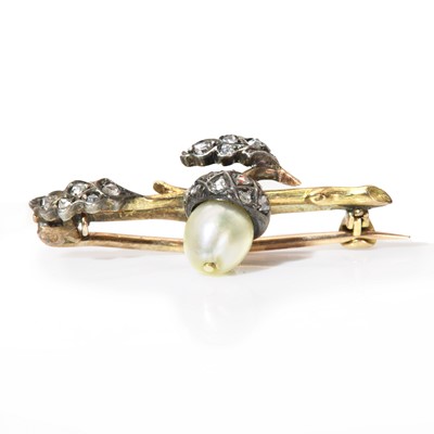 Lot 83 - A Victorian pearl and diamond acorn and leaf bar brooch