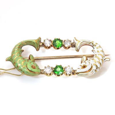 Lot 30 - A Victorian demantoid garnet, diamond and enamel fish brooch