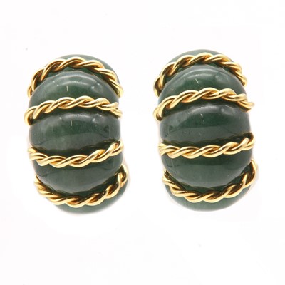 Lot 134 - A pair of American carved aventurine quartz gold earrings, by Seaman Schepps