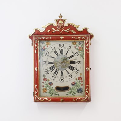 Lot 222 - A painted and parcel-gilt weight-driven wall clock