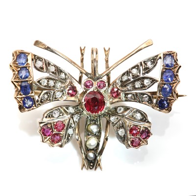 Lot 44 - A ruby, sapphire and diamond butterfly brooch/pendant, c.1900