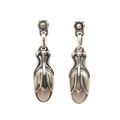 Lot 1223 - A pair of sterling silver and rose quartz drop earrings, by Georg Jensen