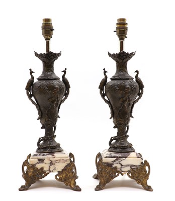 Lot 346 - A pair of spelter vase form table lamps