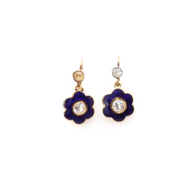 Lot 1047 - A pair of gold white sapphire and enamel drop earrings