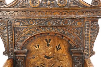 Lot 452 - A pair of oak and inlaid wainscot chairs