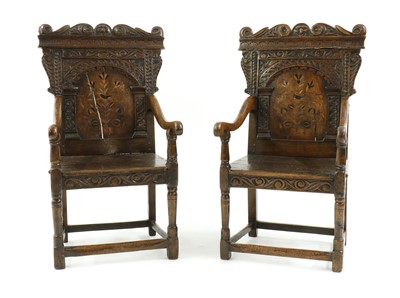 Lot 452 - A pair of oak and inlaid wainscot chairs