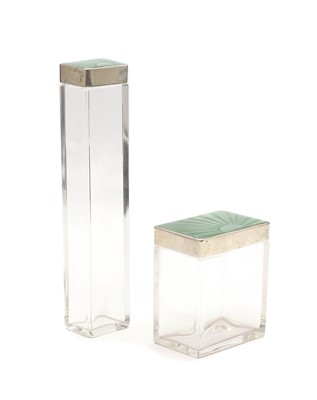 Lot 101 - Two Art Deco silver mounted vanity jars