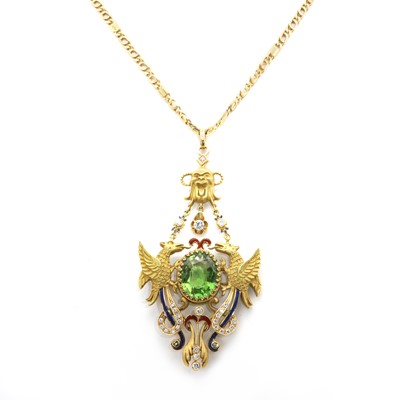 Lot 146 - A Rennaisance-revival gold diamond, green tourmaline and enamel pendant