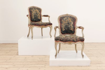 Lot 144 - A pair of Louis XV painted and parcel-gilt fauteuils