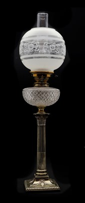 Lot 344 - An Edwardian silver-plated and brass corinthian column oil lamp