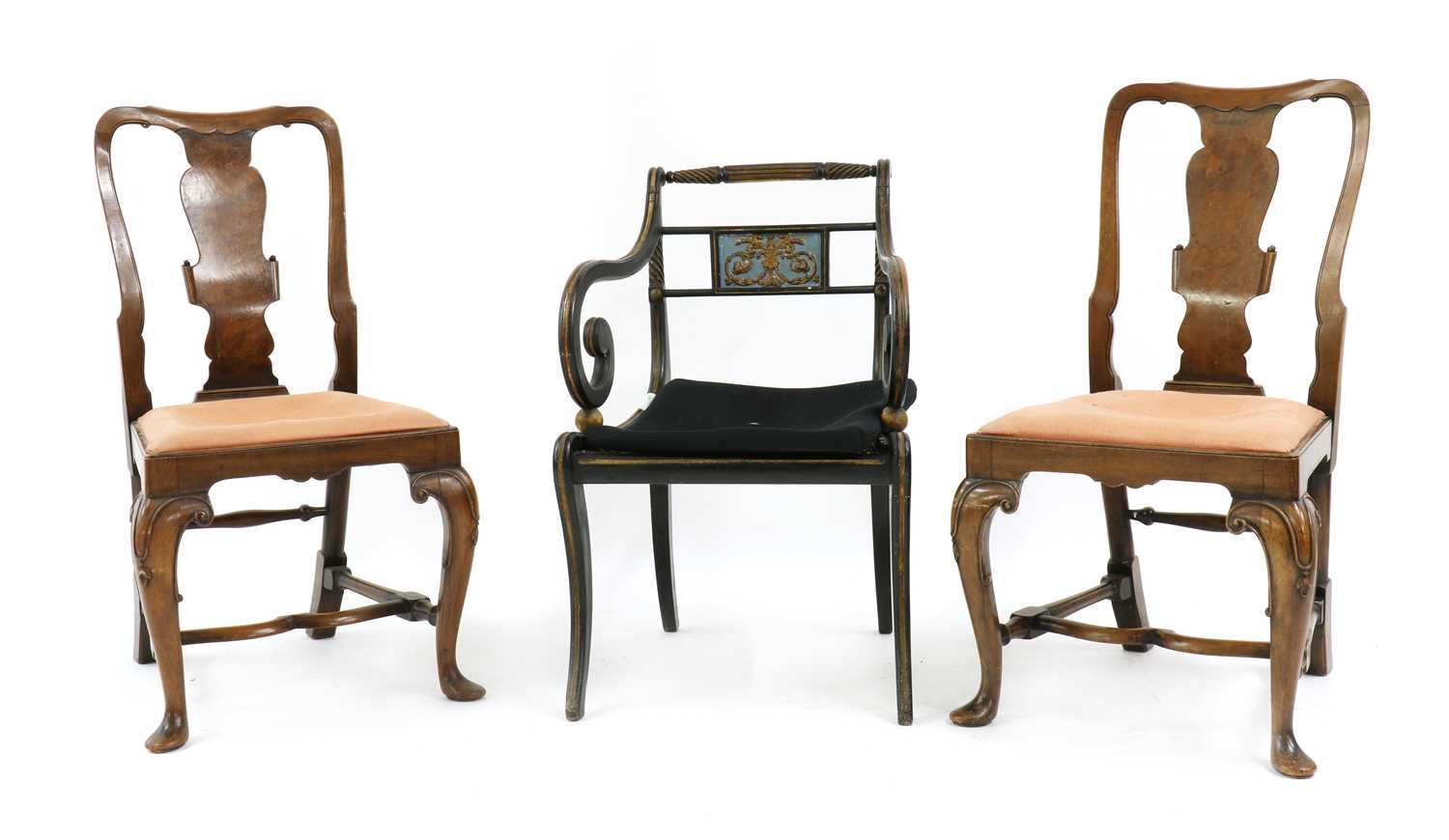 Lot 376 - A Regency ebonised, gilt heightened and painted elbow chair