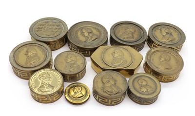 Lot 370 - A collection of commemorative brass snuff boxes