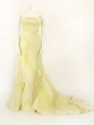 Lot 1492 - A Roberto Cavalli pale lime and cream couture strapless ballgown