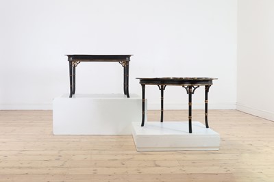 Lot 274 - Two ebonised tray-top side tables