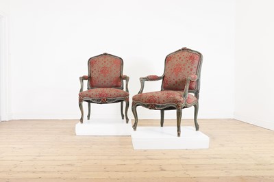 Lot 248 - A pair of Louis XV-style painted and parcel-gilt fauteuils