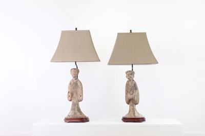 Lot 287 - A pair of Tang-style terracotta burial figure table lamps