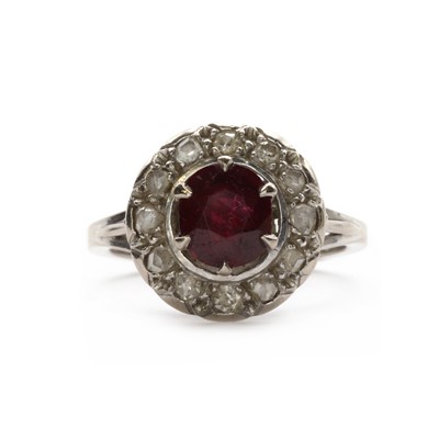 Lot 65 - A white gold ruby and diamond cluster ring