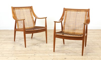 Lot 357 - A pair of Danish 'FD147' teak easy armchairs