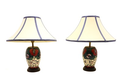 Lot 339 - A pair of Moorcroft pottery 'Tribute to Charles Rennie Mackintosh' lamps