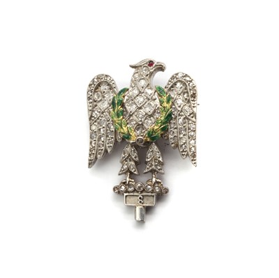 Lot 19 - An eagle enamel, ruby and diamond brooch
