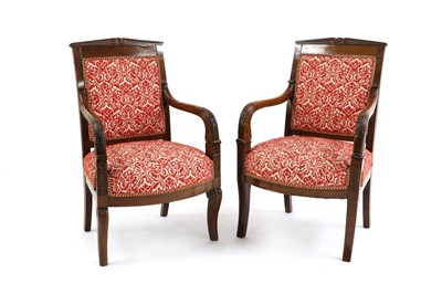 Lot 485 - A pair of French Empire mahogany armchairs