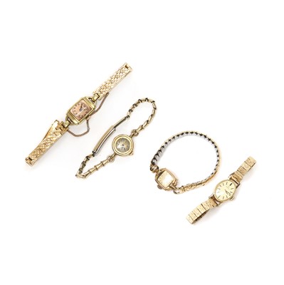 Lot 214 - Four ladies' gold mechanical bracelet watches
