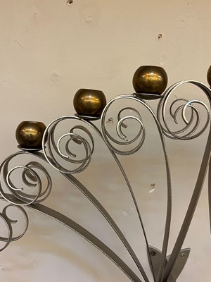 Lot 551 - A pair of metal and turned brass wall sconces