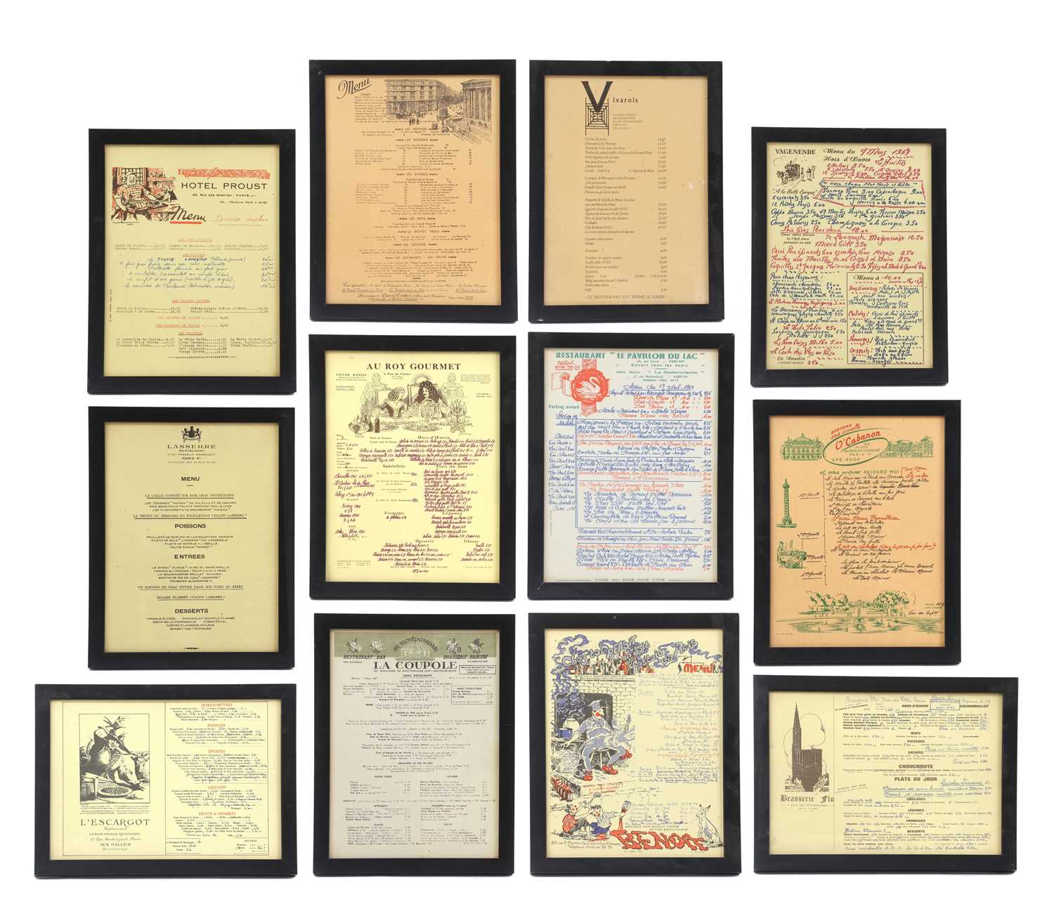 Lot 549 - A group of twelve framed French menu cards