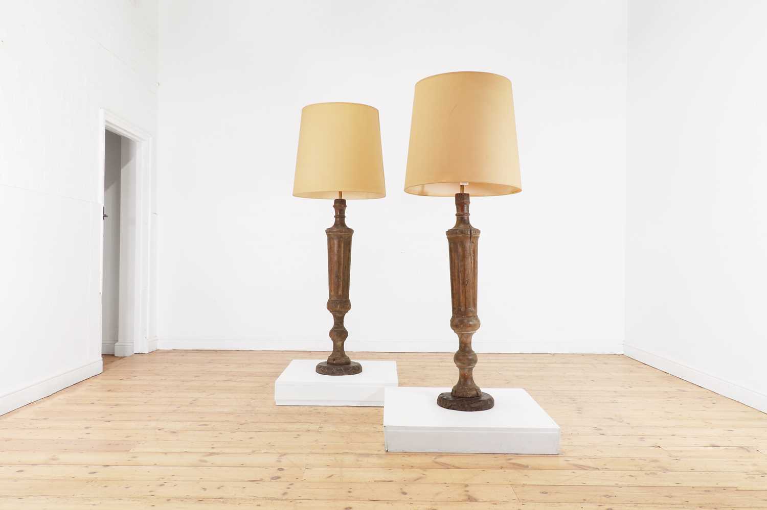 Lot 26 - A pair of painted wooden pilaster floor lamps