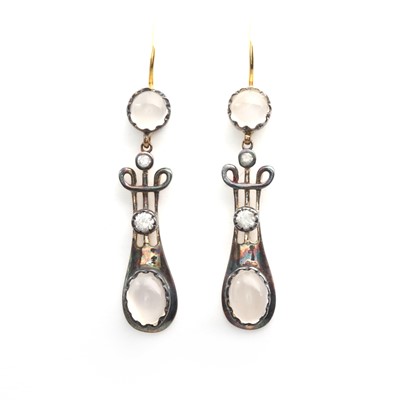 Lot 129 - A pair of silver and gold moonstone and diamond drop earrings